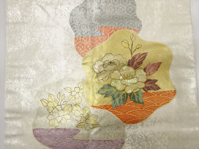 JAPANESE KIMONO / ANTIQUE NAGOYA OBI / SILK / SHELL INLAY / PEONY & SAKURA